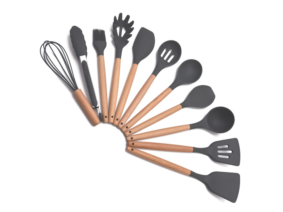 Juego de utensilios de cocina de silicona: espátula, utensilios de cocina con mango de madera.