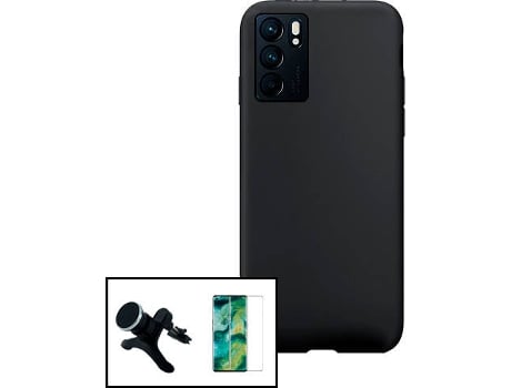 Carcasa + Protector Cristal Templado + Soporte Oppo Reno6 Pro 5G PHONECARE Silicona Líquida Negro