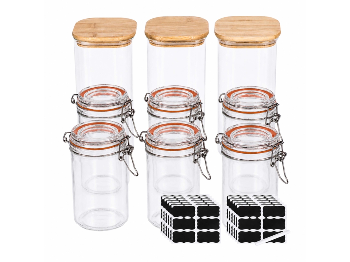 Frascos Para Conservas Relaxdays, Set 9 Con Cierre De Alambre, Tapa Bambú, Tarros De Cristal Herméticos, Transparentes