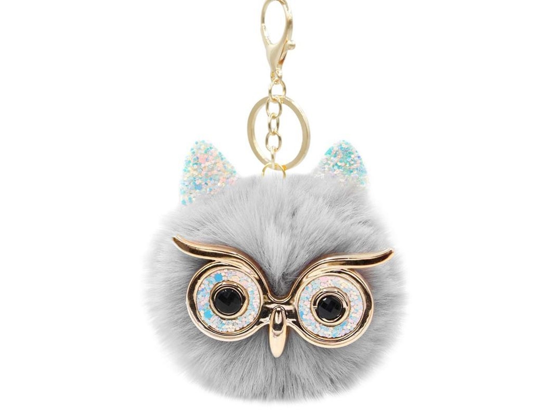 Llavero Con Pompon De Pelo Falso Búho Puffball Para Bolso Cartero Joyería Ecoamigable