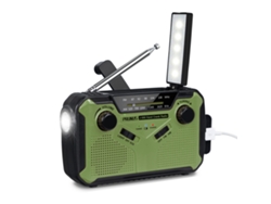 Radio de emergencia portátil AM/FM con carga solar, manivela, USB, pilas AA, linterna, lámpara de lectura y alarma SOS. Viewleaf