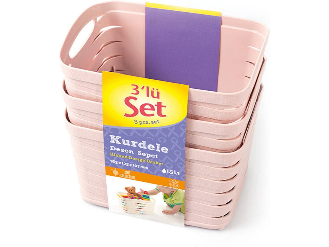 Kit 7h CASA 3 Cestas Medianas Rectangulares Rosa 1,5 Litros