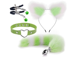Dan26-conjunto De Juguetes Eróticos Cola De Zorro Con Plug Anal Pinzas Orejas Collar Para Rol Verde Blanco 2