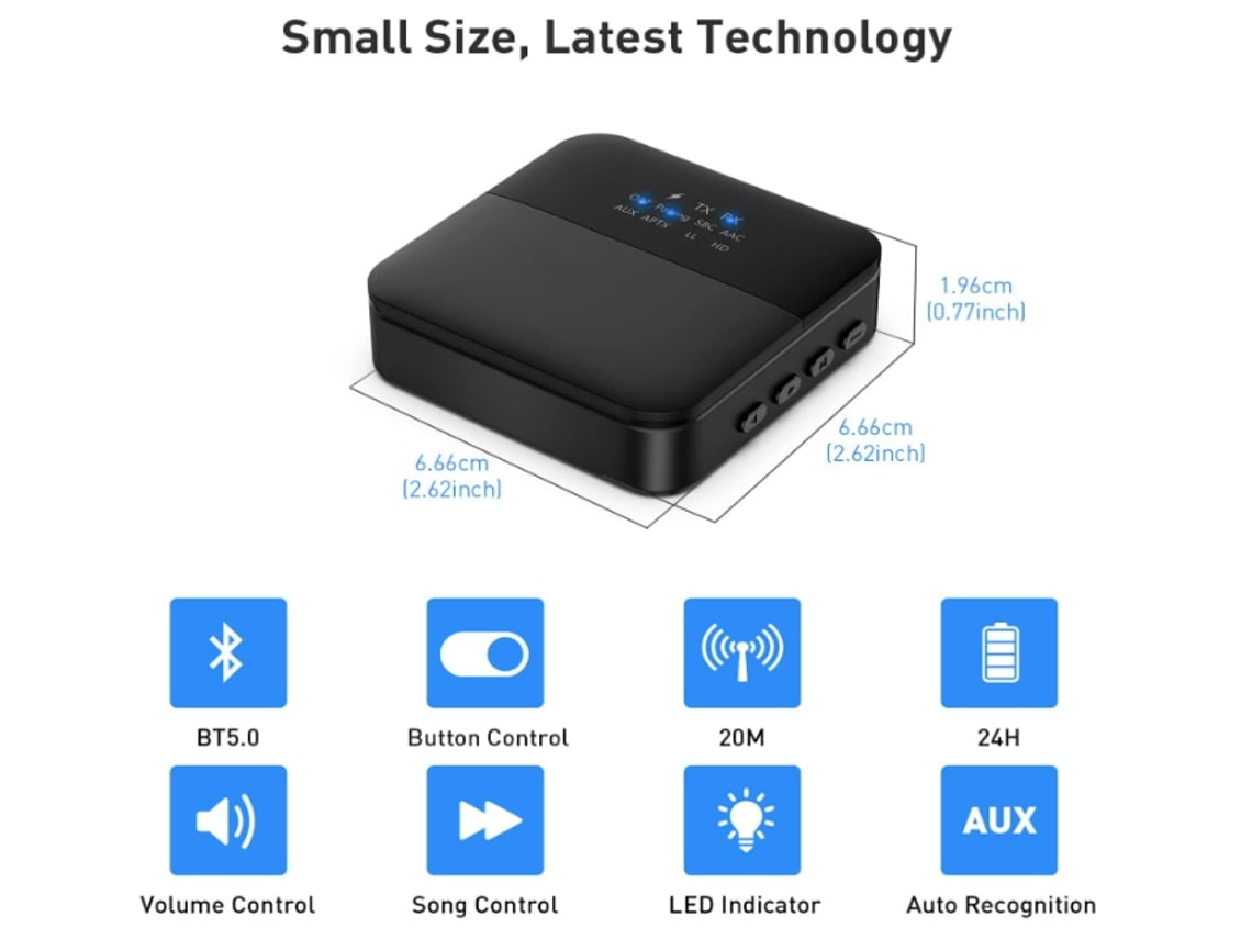 Receptor transmisor Bluetooth 5.0 (óptico, AUX de 3,5 mm, RCA), adaptador  de audio inalámbrico de baja latencia, adaptador AUX Bluetooth recargable  para TV, PC, altavoces de sistema estéreo para coche