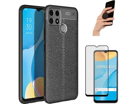 Carcasa, Protector y Popsocket Oppo A15 Rugged Leather Negro