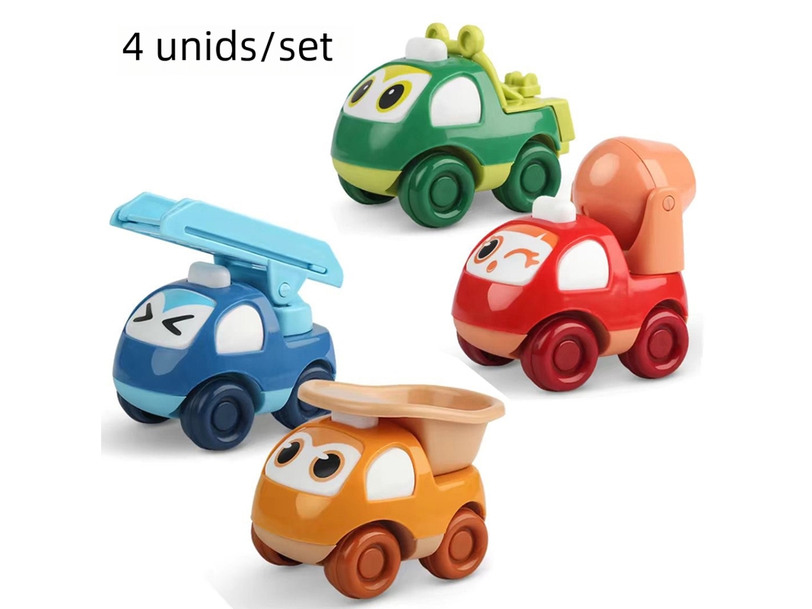 Conjunto de 4 vehículos de construcción estilo dibujos animados, que incluye un camión hormigonera y un vehículo inercial. MDUG