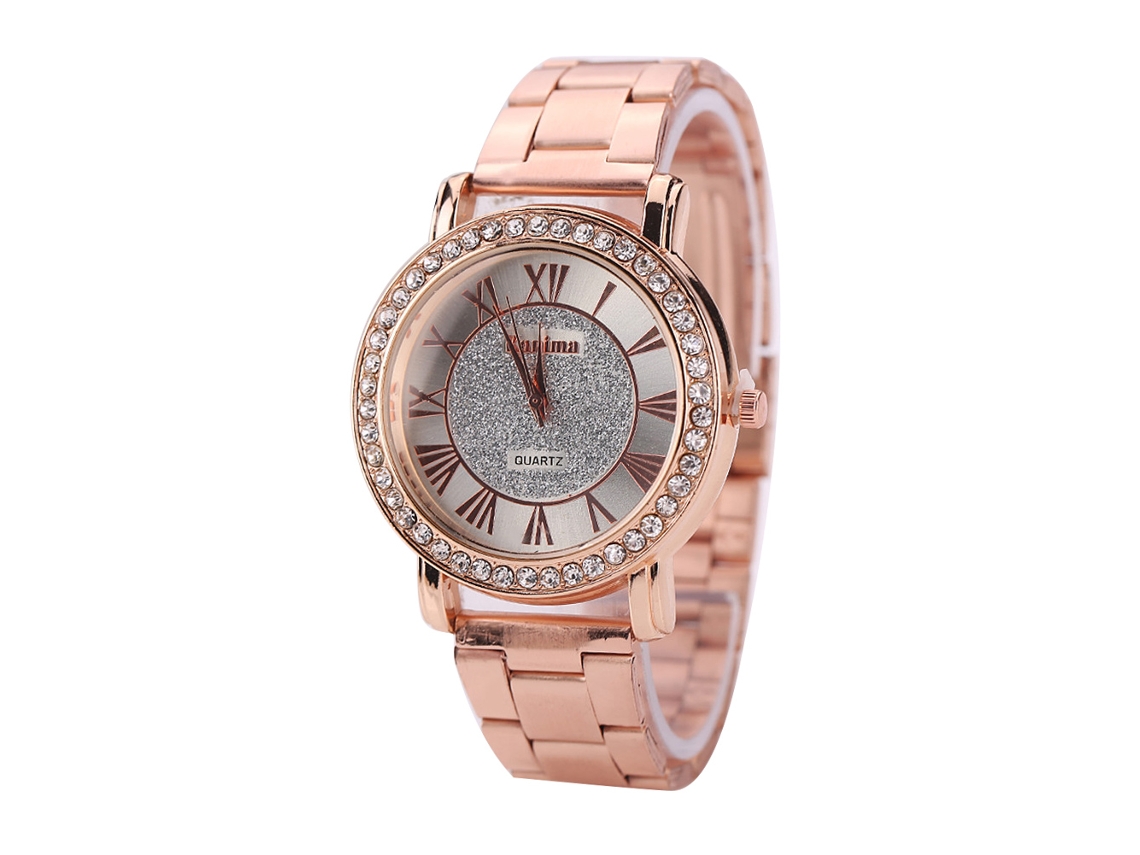 Reloj De Pulsera De Cuarzo Informal Y Elegante Con Circonitas Cúbicas Y Números Romanos Color Champán.