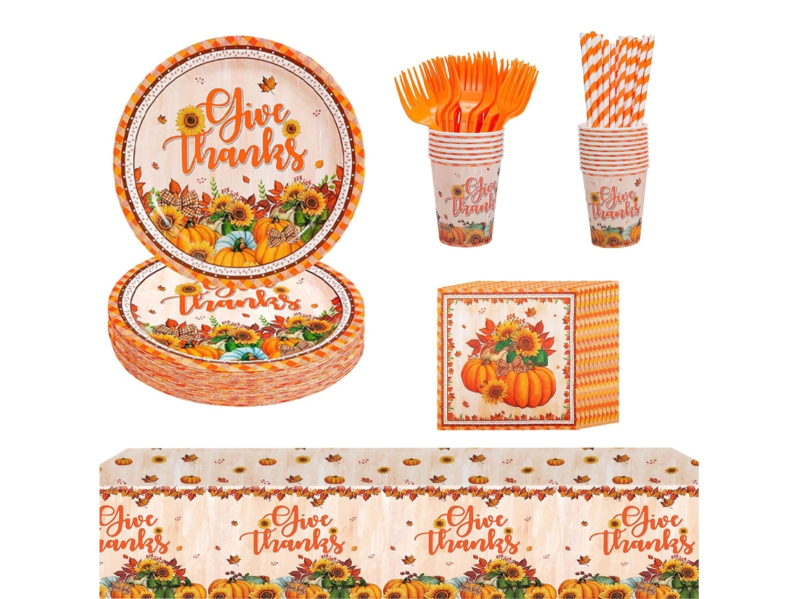 Juego de plato y servilleta de calabaza de Acción de Gracias, incluye platos, tazas y cubiertos NEVEANCE
