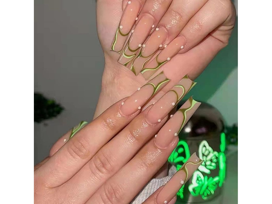 Uñas Postizas Largas Linjou Con Forma Segura Y Diseños En Espiral Verde Para Mujer.