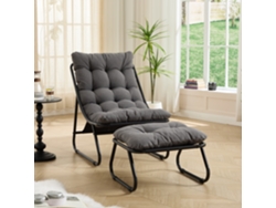 Sillón De Jardín Con Reposapiés Y Cojín Reclinable, Color Negro, Taburete Gris.