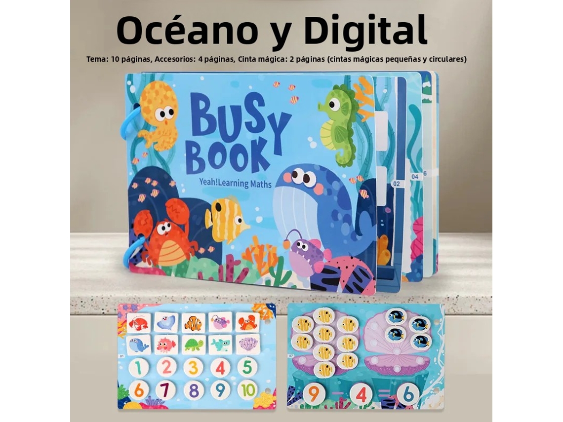 Libro infantil interactivo con pegatinas de animales, vehículos y dinosaurios, y un juego de asociación de letras. Mdug (océano).