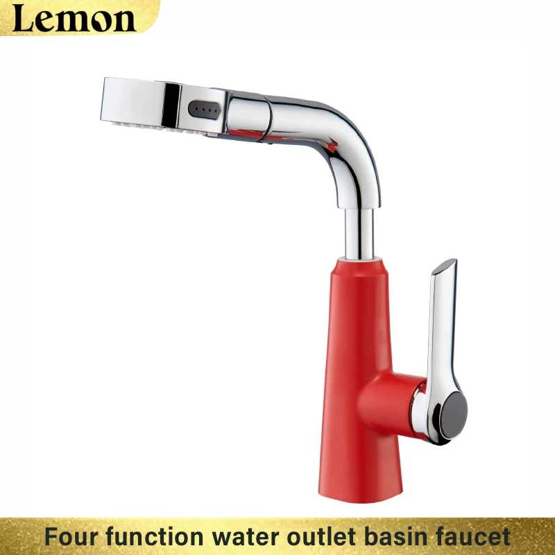 (rojo G1/2) Grifo Para Lavabo De Baño, Cabezal De Ducha Extraíble, Grifo Mezclador De Agua Fría Y Caliente, Giratorio 360°.