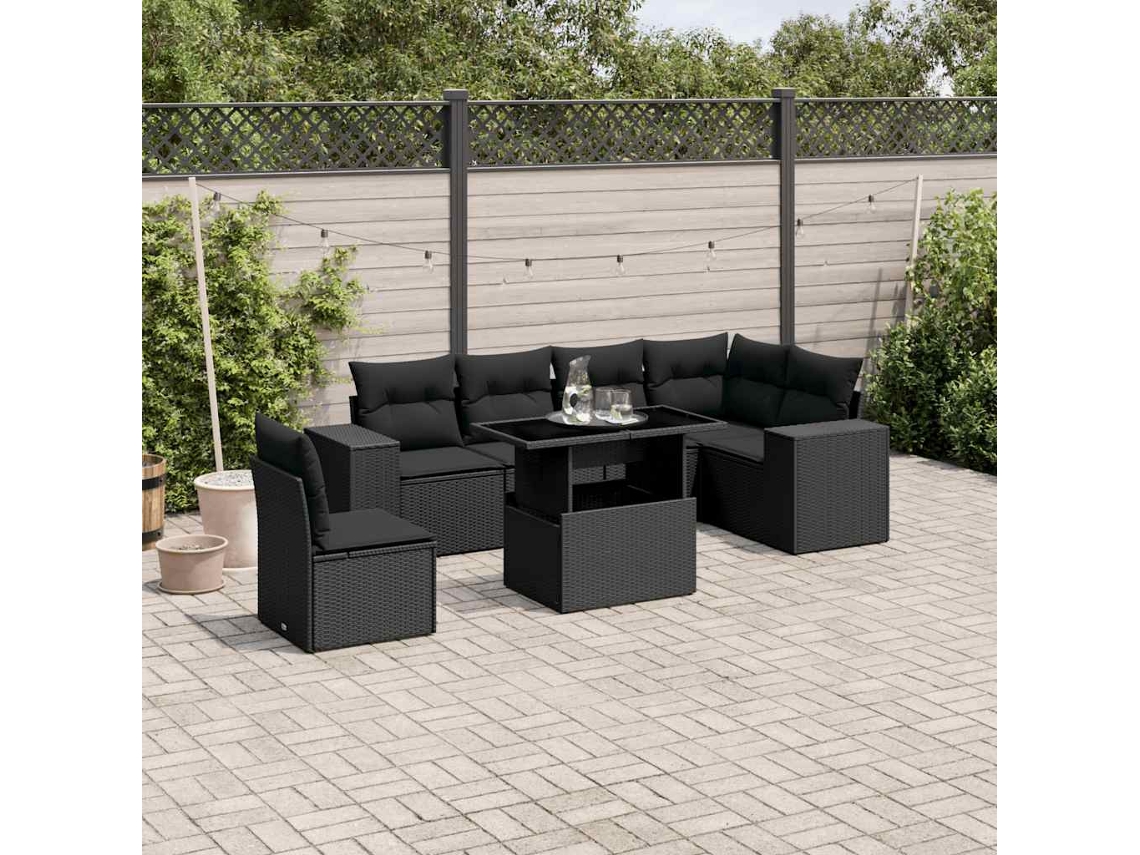 Conjunto de sofá de jardín de 7 piezas con cojines, ratán negro, Dkd Home Decor