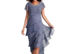 2026-vestido Elegante De Mujer Cuello Redondo Manga Corta Con Perlas Y Falda Capa Midi Para Fiesta Y Boda