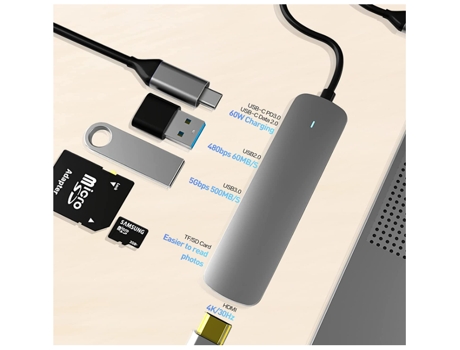 USB C HUB, adaptador USB C Dongle 6 en 1 con USB 3.0, 4K-HDMI, conexión USB C/PD, lector de tarjetas SD/TF, gris BISBISOUS