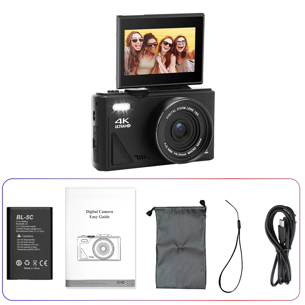 (Negro, solo cámara) Cámara básica, pantalla articulada de 3 pulgadas, cámara digital HD, 75 megapíxeles