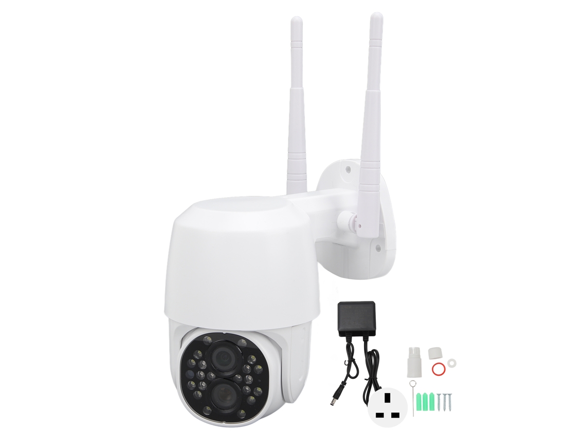 Cámara de seguridad wifi dual con zoom automático, resistente al agua, para uso en exteriores y seguimiento.