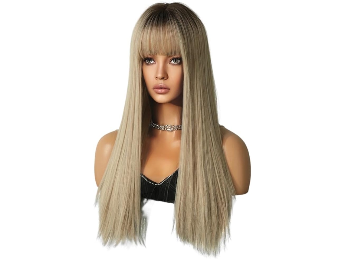 Peluca para cosplay, cabello rubio champán con reflejos castaños, 64 cm, estilo europeo y americano, cabello largo y liso. SFUSHOS