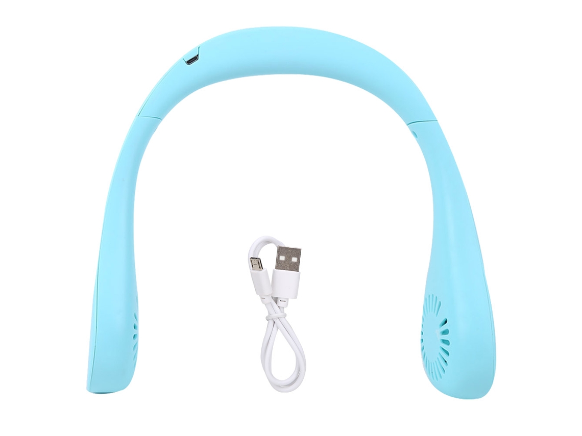 Ventilador portátil recargable por USB, azul, con auriculares.