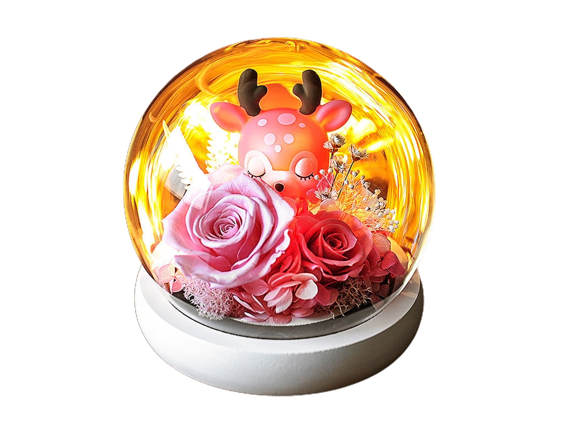 Decoración de flores eternas con rosa y muñeco de ciervo en cúpula de cristal con luz para regalos de cumpleaños y fiestas JEIIBRZUI