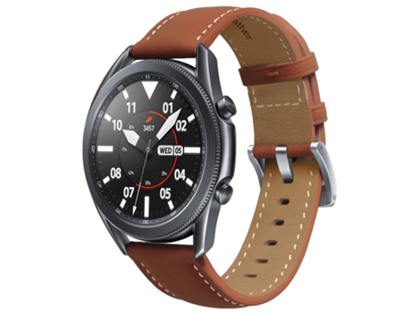 Correa de reloj inteligente para Samsung Galaxy Watch3 de 45 mm Correa de cuero con hebilla plateada (marrón claro)