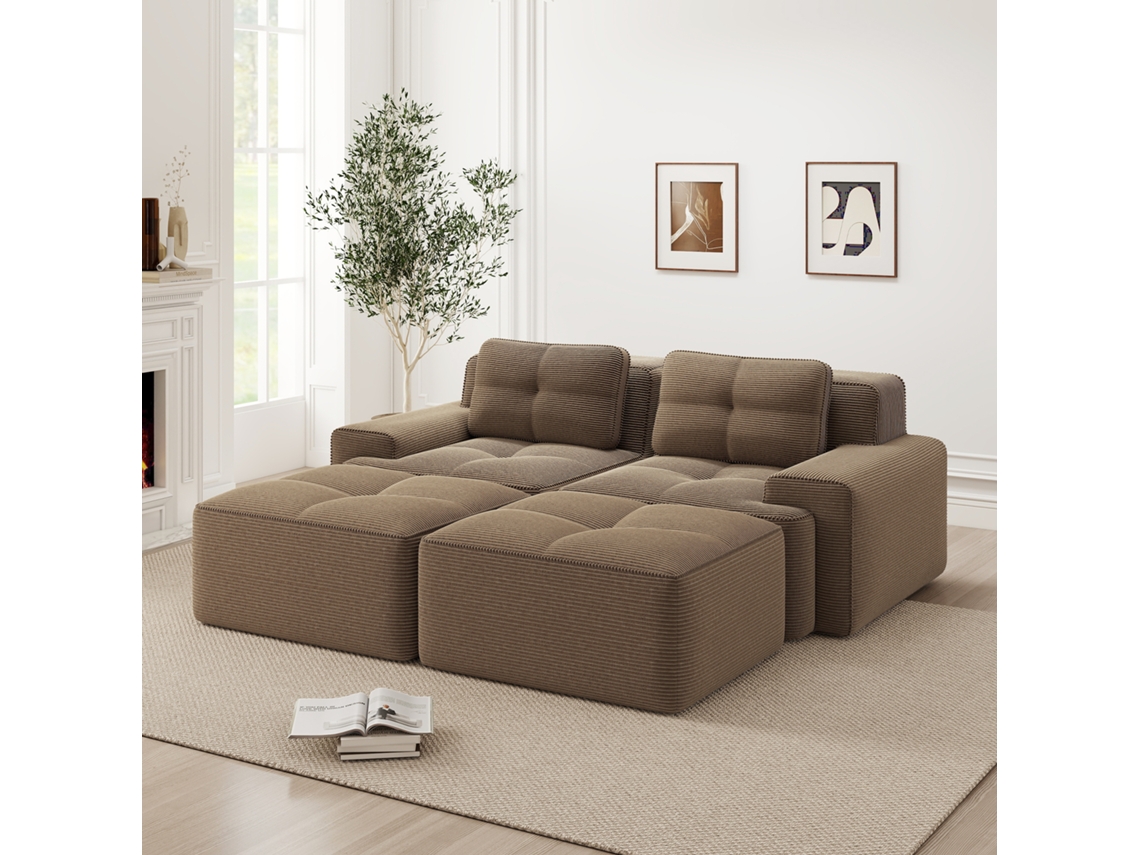 Sofá Modular 2 Plazas - Boneless, U, Profundo, Con Otomana, Cómodo, Tapizado En Corduroy - Marrón