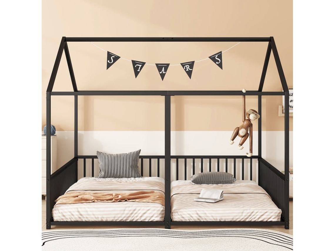 Cama-cabina De Hierro 2x90x200cm - Con Techo Y Somier - Negro