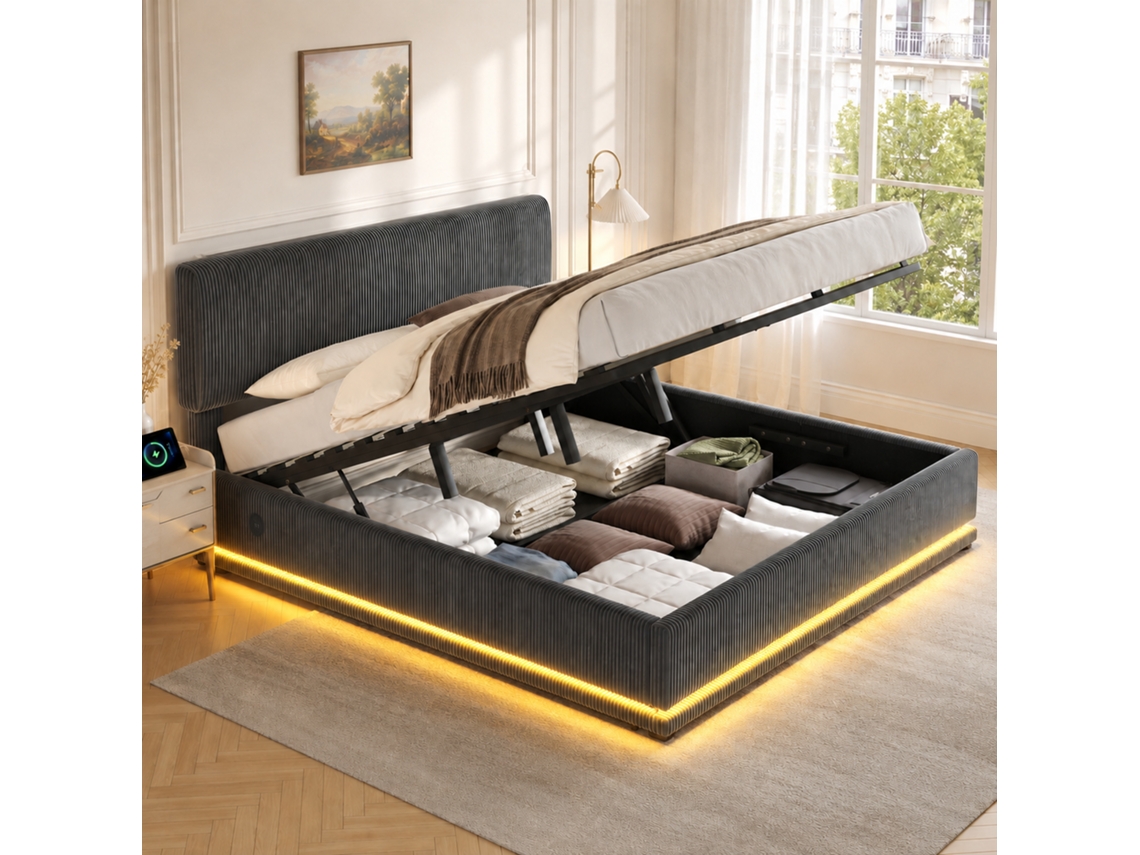 Cama Tapizada Moderna De 180x200 Cm Con Led, Usb-c, Cabecero Ajustable, Tejido De Pana, Amplio Compartimento De Almacenamiento, Color Gris.