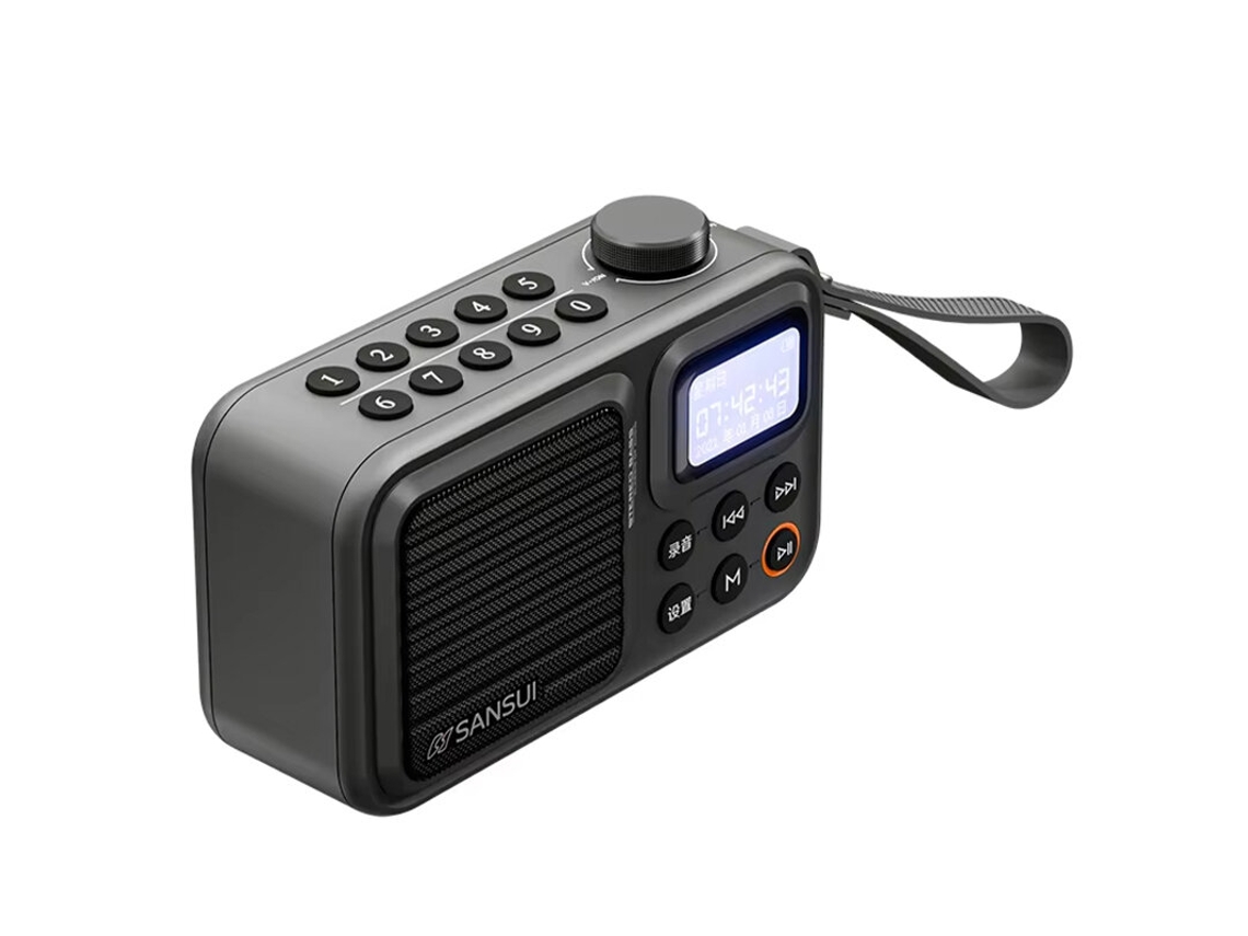 Radio FM portátil Sansui F37 con Bluetooth 5.3, altavoz grabador y pantalla LED. Compatible con llamadas manos libres y reproducción de discos TF/USB.