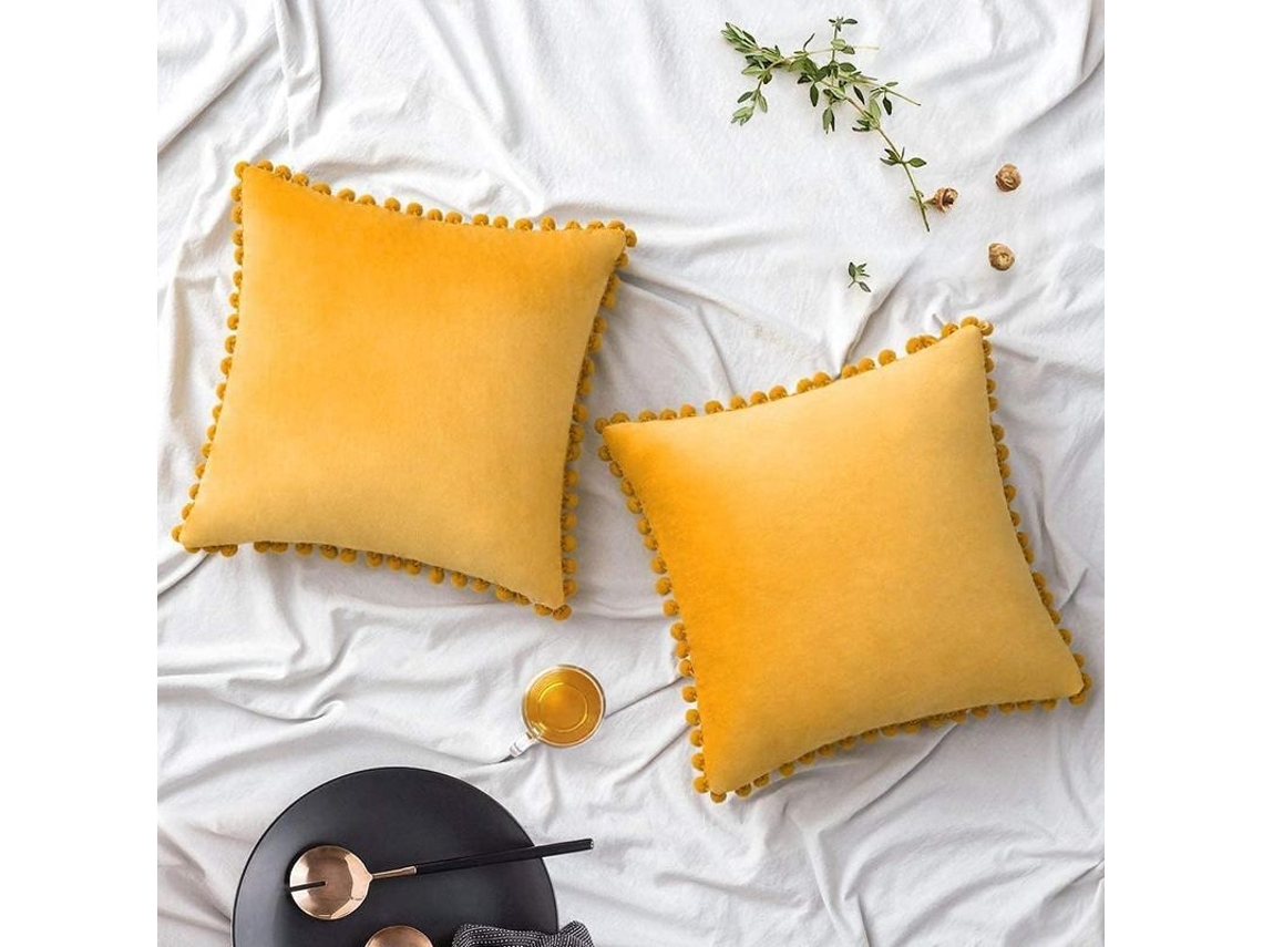 2026-40115-fundas De Almohada De Terciopelo Otoño Con Pompones 45x45cm Amarillo Mostaza 2 Unidades Para Sofá Sala Coche