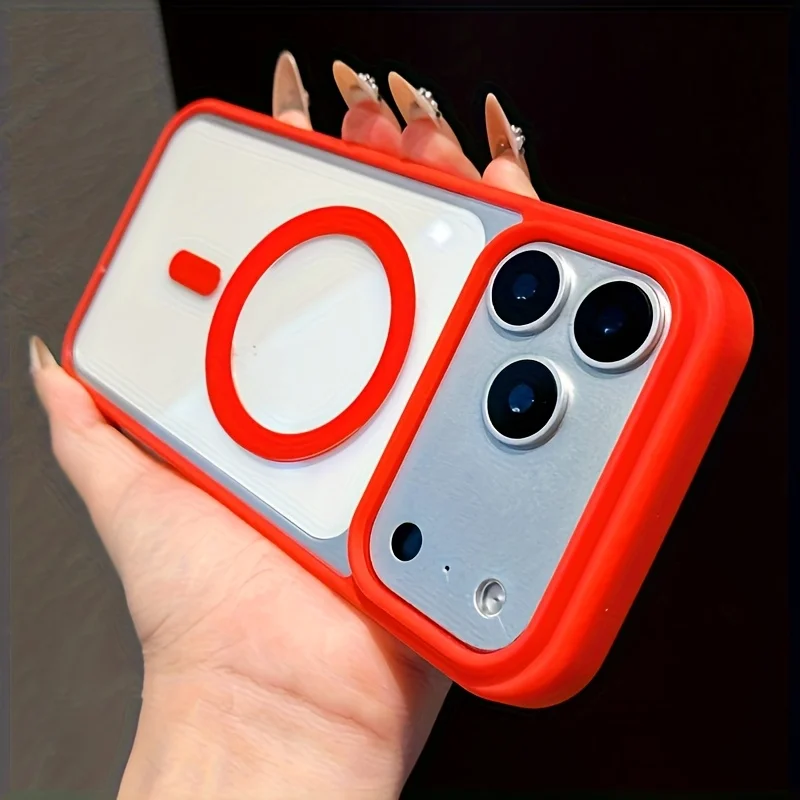 (iphone 15 Pro Max, Rojo) Funda Protectora Magnética Magsafe Con Carga Inalámbrica Y Cubierta Trasera Rígida Transparente.