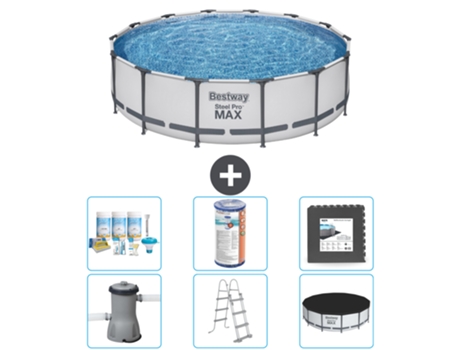 Piscina BESTWAY Round Steel Pro MAX - 427 x 107 cm - Gris - Bomba incluida - Escalera - Cobertor Paquete de mantenimiento - Filtrar - Baldosas
