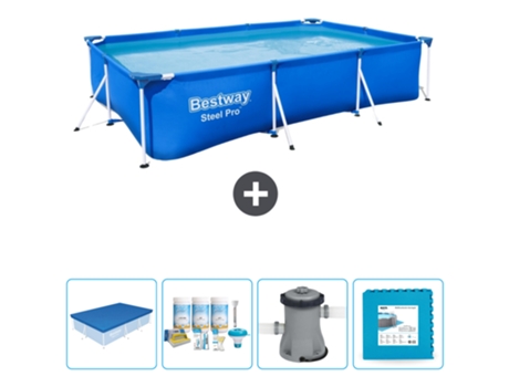 Piscina BESTWAY Rectangular Steel Pro - 300 x 201 x 66 cm - Azul - Incluida Cubrir - Paquete de mantenimiento - Bomba - Baldosas