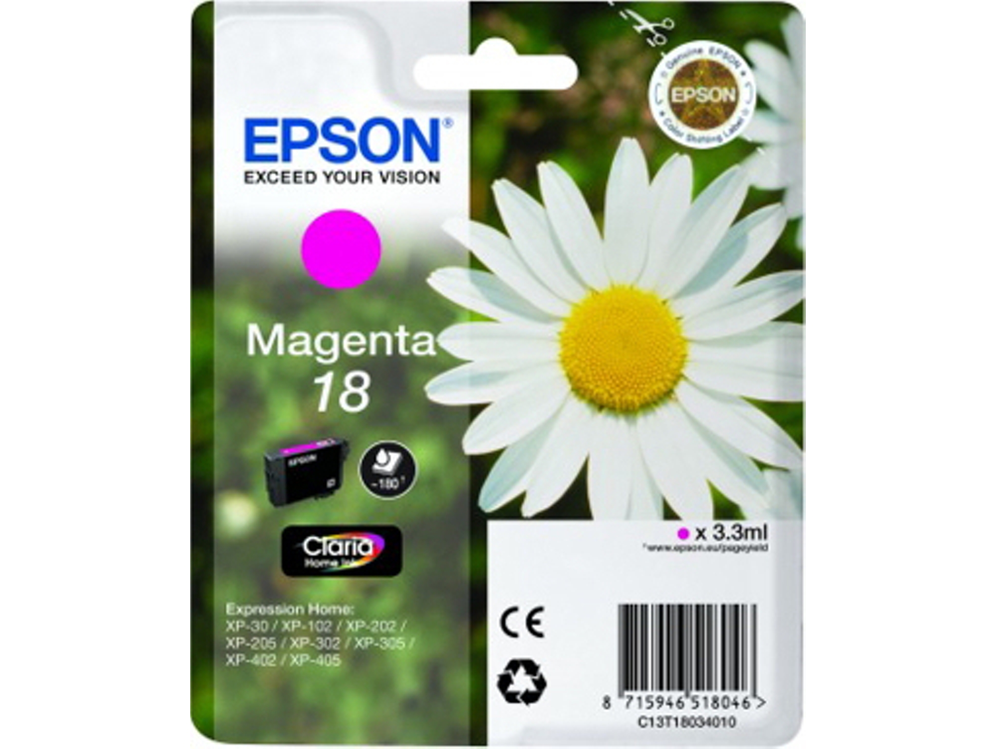 Cartucho de tinta original EPSON, Tinta Claria Home, 18, Margarita 3,3 ml, Magenta, C13T18034022, T1803