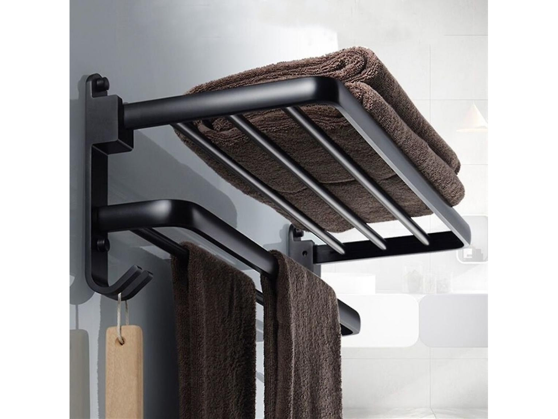 Toallero de pared de aluminio negro con gancho para ducha, sin necesidad de atascos | Toallero Gusshious (negro)