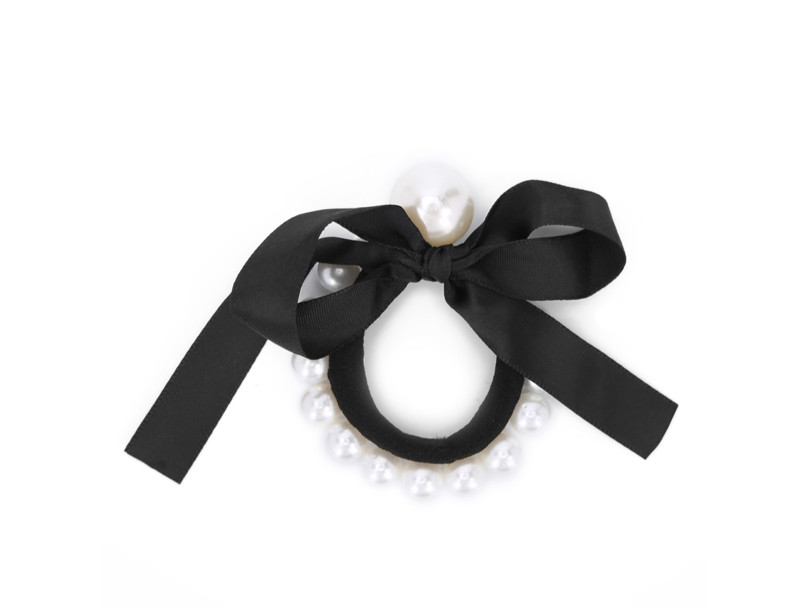Elástico de cabelo com laço de pérola sintética para mulheres e meninas - Acessório de cabelo preto elegante para uso diário e festas.