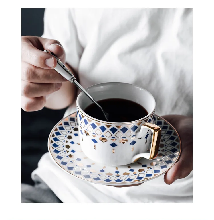 Taza De Café De Porcelana Fina Estilo Europeo Con Borde Dorado (azul, 250 Ml), Taza De Lujo Para La Oficina.