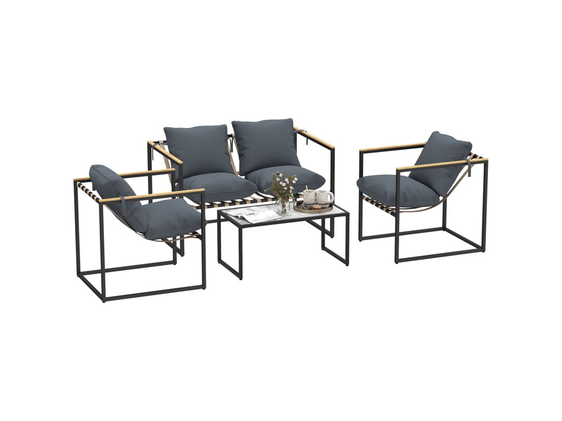 Set Muebles Jardín 4 Piezas Exterior 2 Sillones Sofá 2 Plazas Mesa Acero Gris