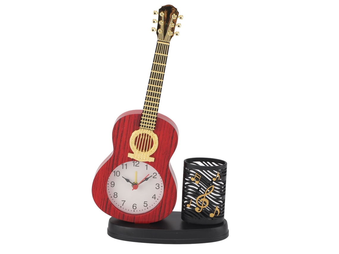 Reloj despertador multifuncional con forma de guitarra para escritorio.