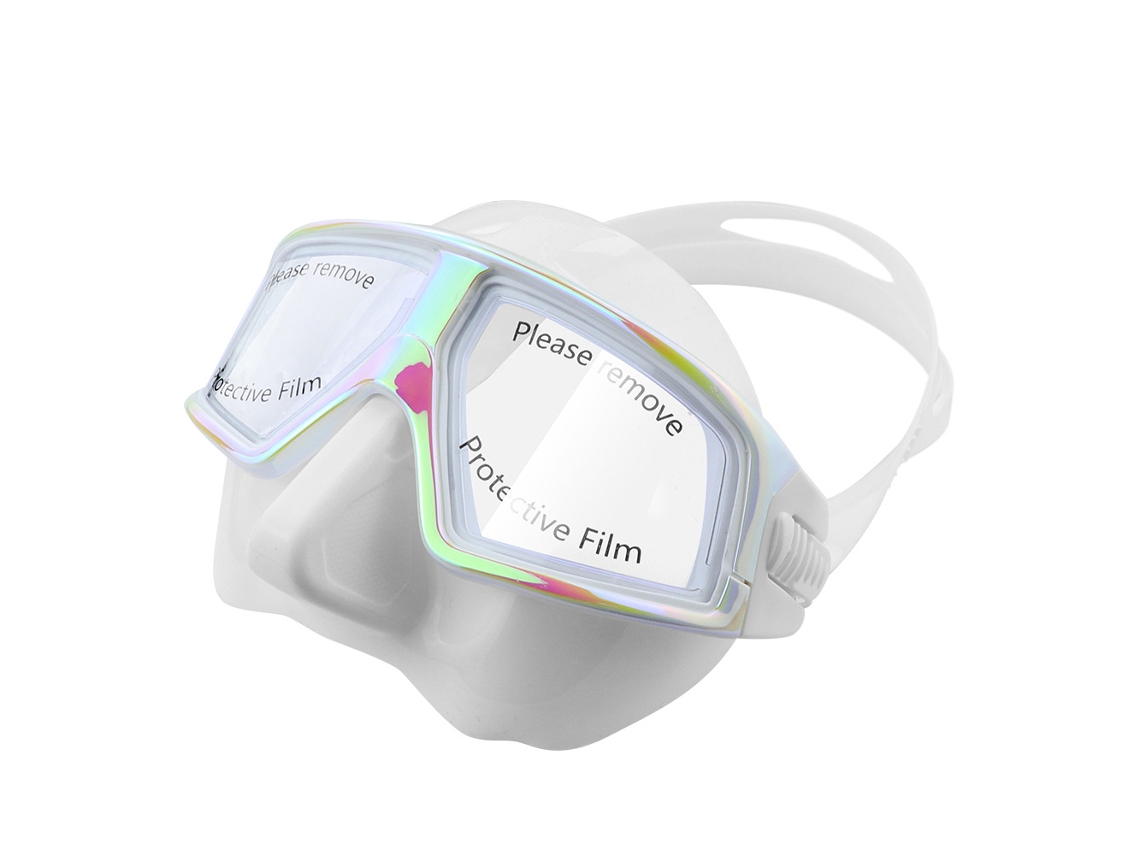 Máscara de buceo Hexinyigjly con visión de 180°, antivaho e impermeable, color blanco iridiscente.