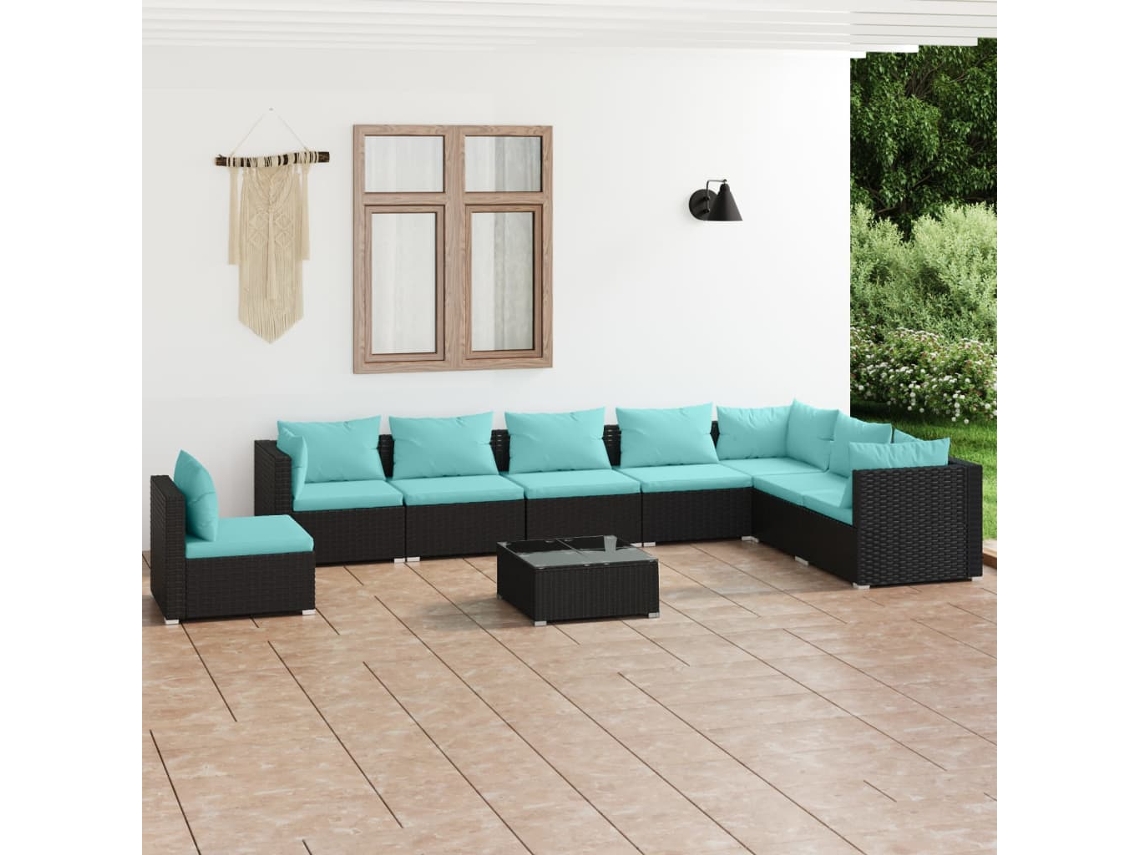 Conjunto de jardín DKD Home Decor de 9 piezas con cojines de mimbre negros