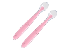 (rosa) Dos Cucharas De Silicona Suave Para Bebés Y Una Caja De Pp Transparente Ayudas Para El Entrenamiento De Alimentación.