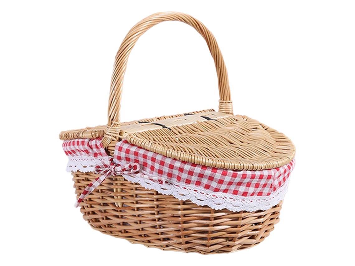 Cesta de picnic de mimbre de estilo rústico con tapa, asa y forro para picnics, fiestas y barbacoas.
