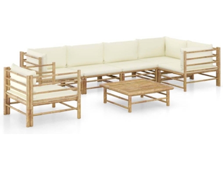 Conjunto 7 de muebles de jardín VIDAXL bambú y cojines blanco crema