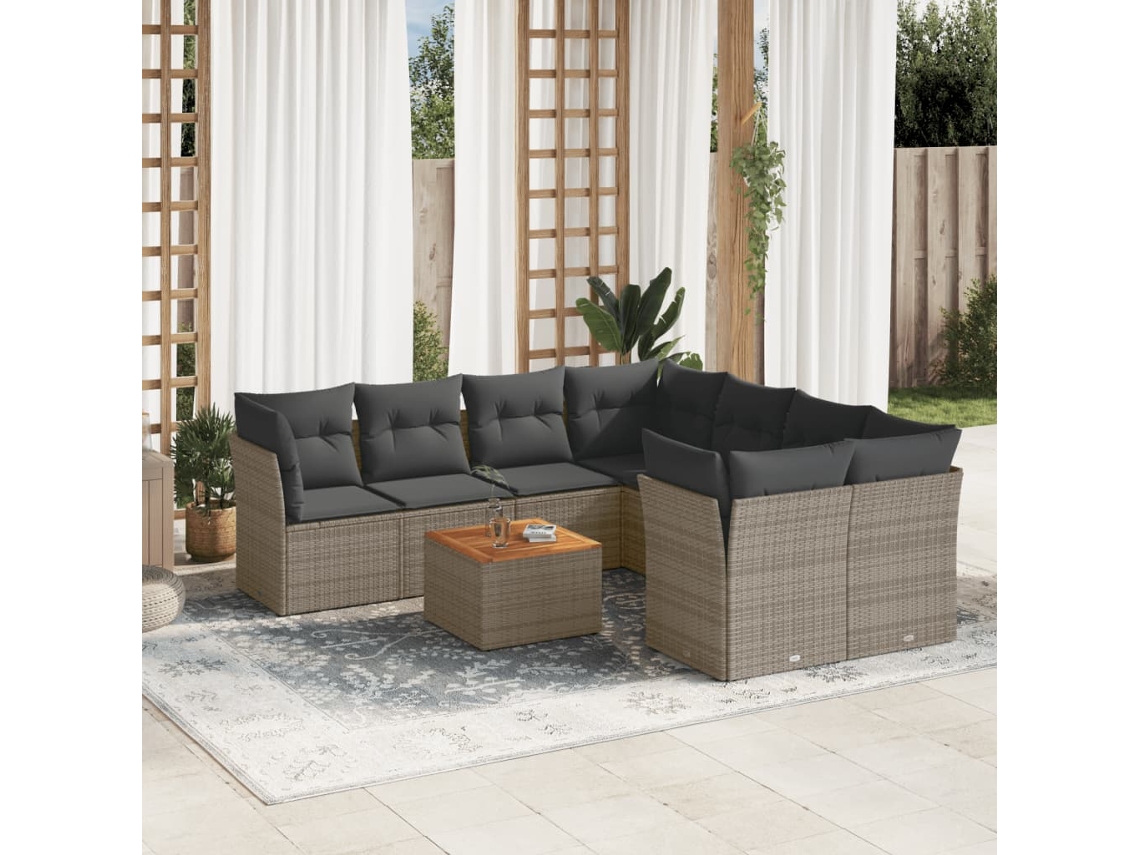 Conjunto de sofá de jardín de 9 piezas con cojines, mimbre gris, DKD Home Decor