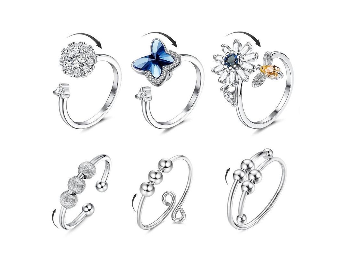 2026-4986-anillo Antiansiedad Para Mujer Ajustable Rotatorio Set 6 Diseños Diferentes Piedras Cubicas Zafiro Aaa+