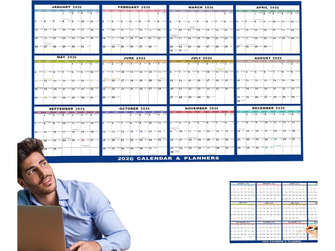 Calendário De Parede Grande Para Escrever E Apagar– 12 Meses Até 2026, 61 X 91 Cm, Planejador Anual Família,