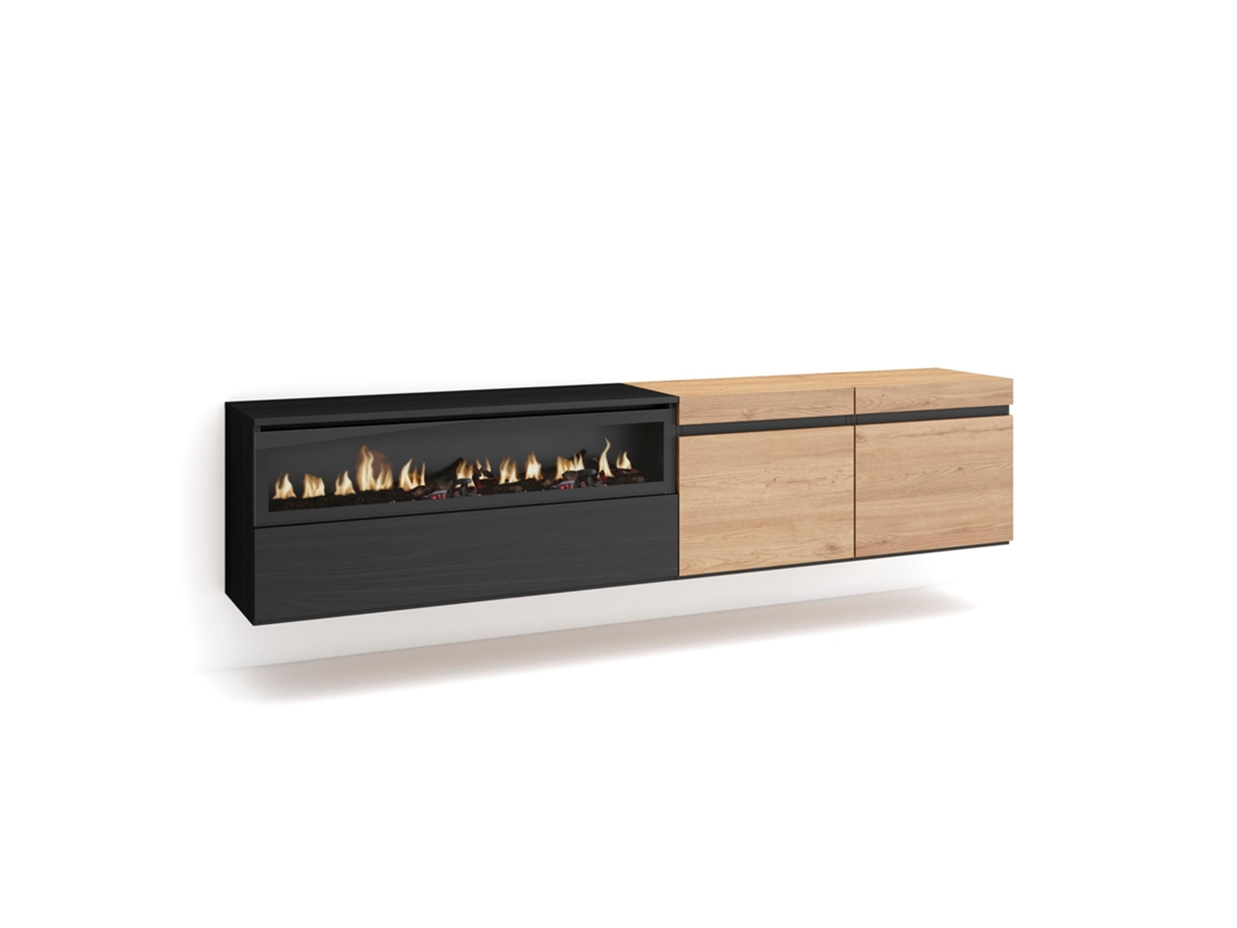 Mueble TV Televisión 200x45x35cm Para TV hasta 80 Chimenea eléctrica Colgado Suspendido Roble y negro