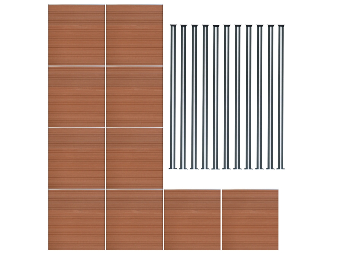 Valla exterior WPC 185 x 1737 cm | Marrón | 10 paneles, 11 postes de aluminio con LED solar | Panel de doble cara | Diseño Monstershop