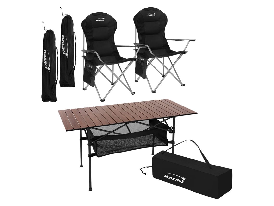 Juego de Muebles de Camping de 3 Piezas 1x Mesa Marrón 2x Sillas de Acampada Plegables en Color Negro HAUKI